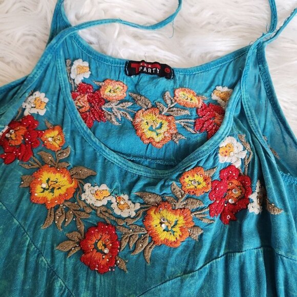 T-Party Turquoise Swing Dress size Large Embroidery Boho Hippie Sleeveless - Picture 5 of 16